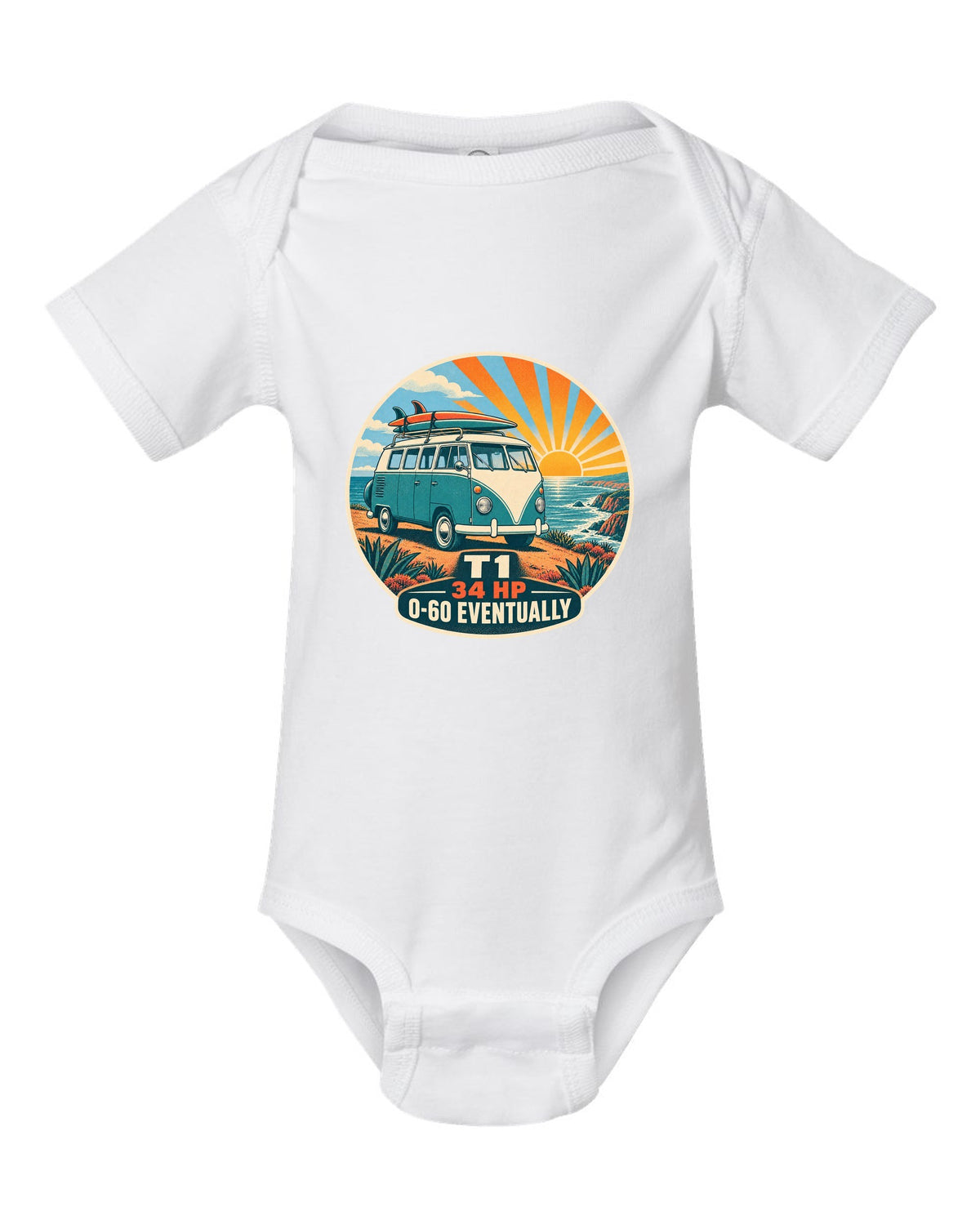 Two-colour silkscreen sunburst print of a 1962 VW Bus T1 split-window with 34 HP lettering white baby onesie front view with the design
