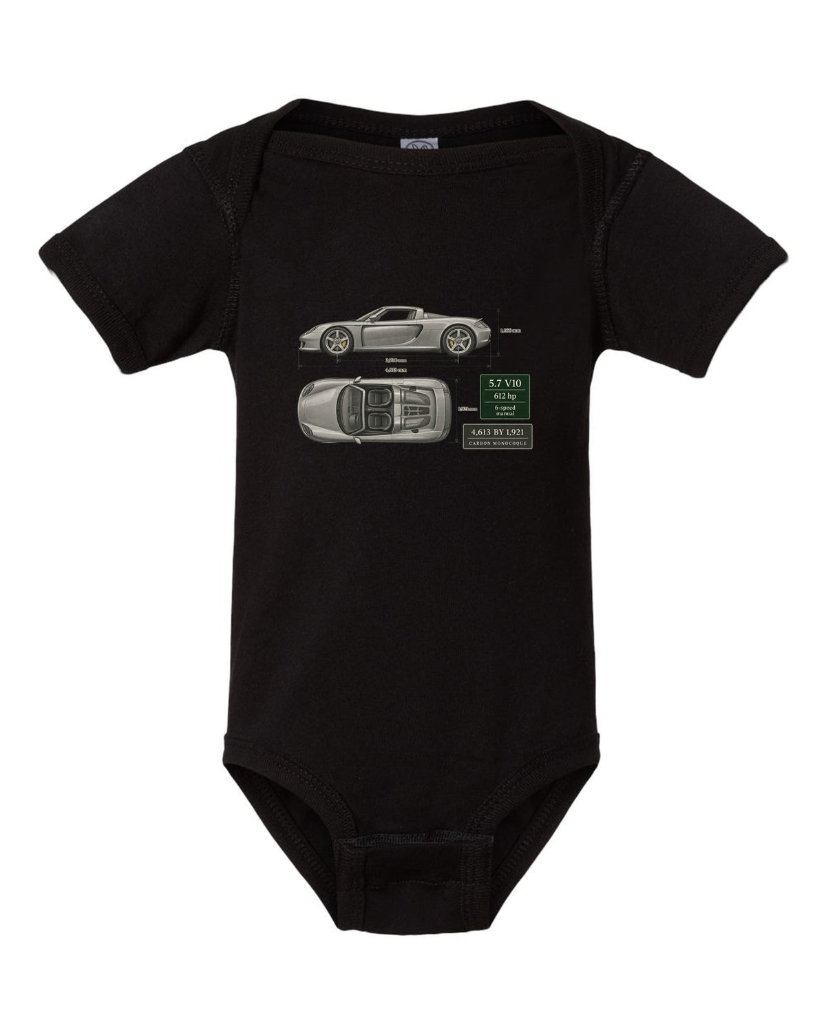 Porsche Carrera GT top view dimension blueprint print design black baby onesie front view with the design
