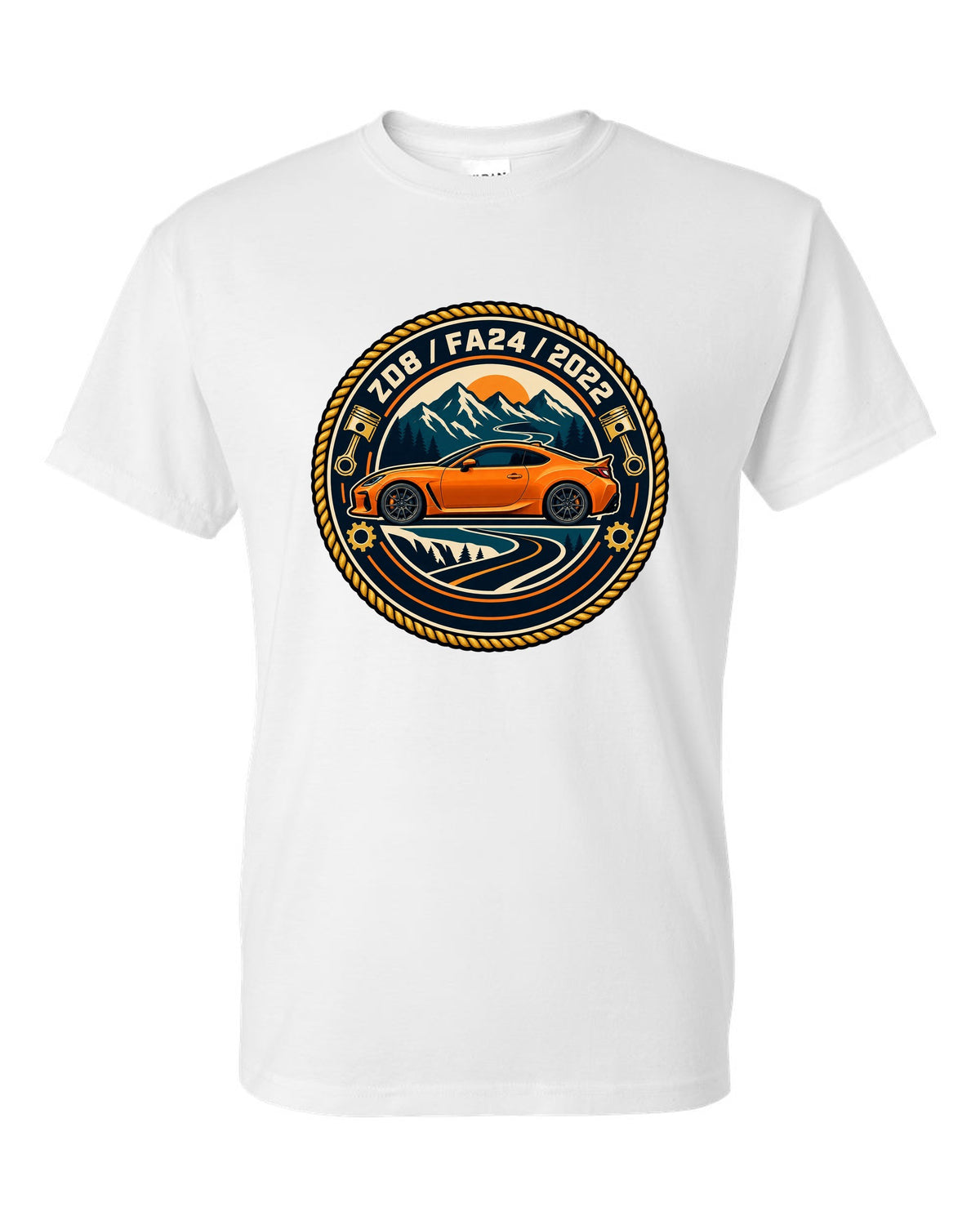 Subaru BRZ ZC6 tS in pastel vaporwave style, ZC6 / FA20 white t-shirt front view with the design