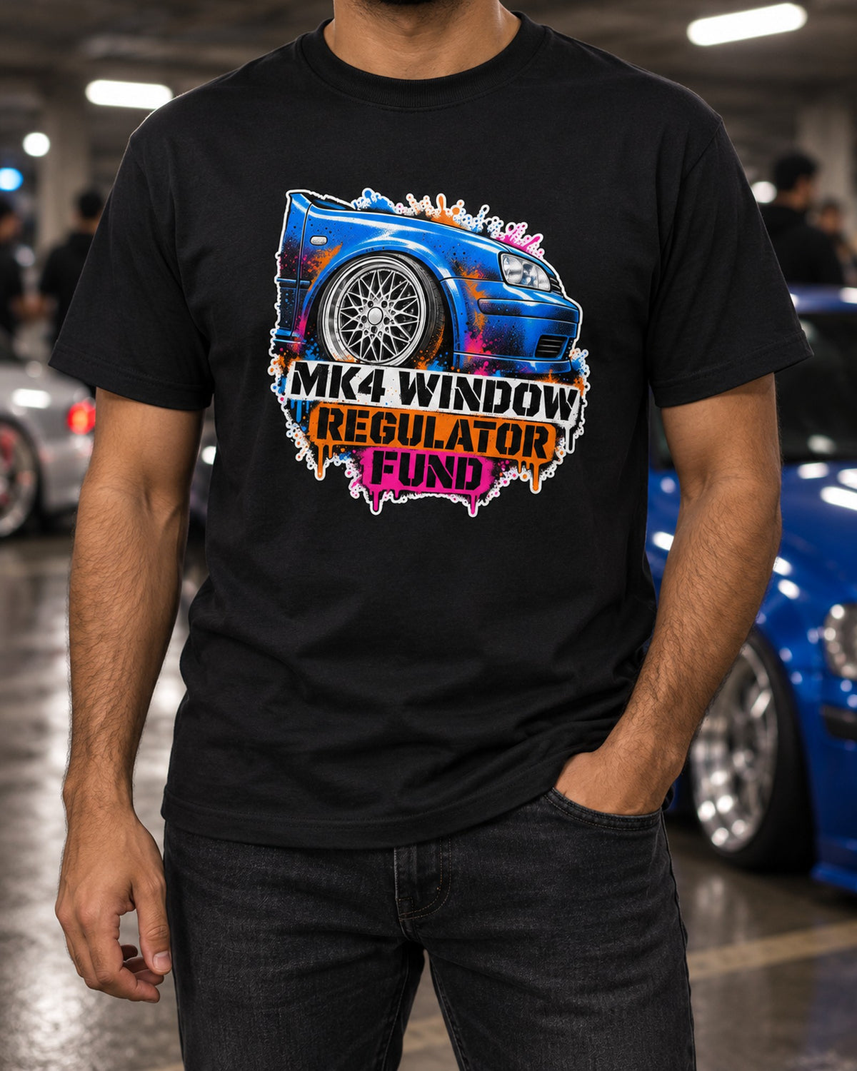 VW Golf Mk4 Stencil Spray Shirt, Window Regulator Fund Tee T-Shirt Black worn hero