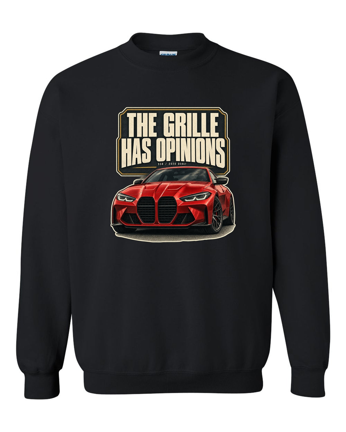 BMW M4 Competition G82 editorial headline print about the grille black crewneck front view with the design