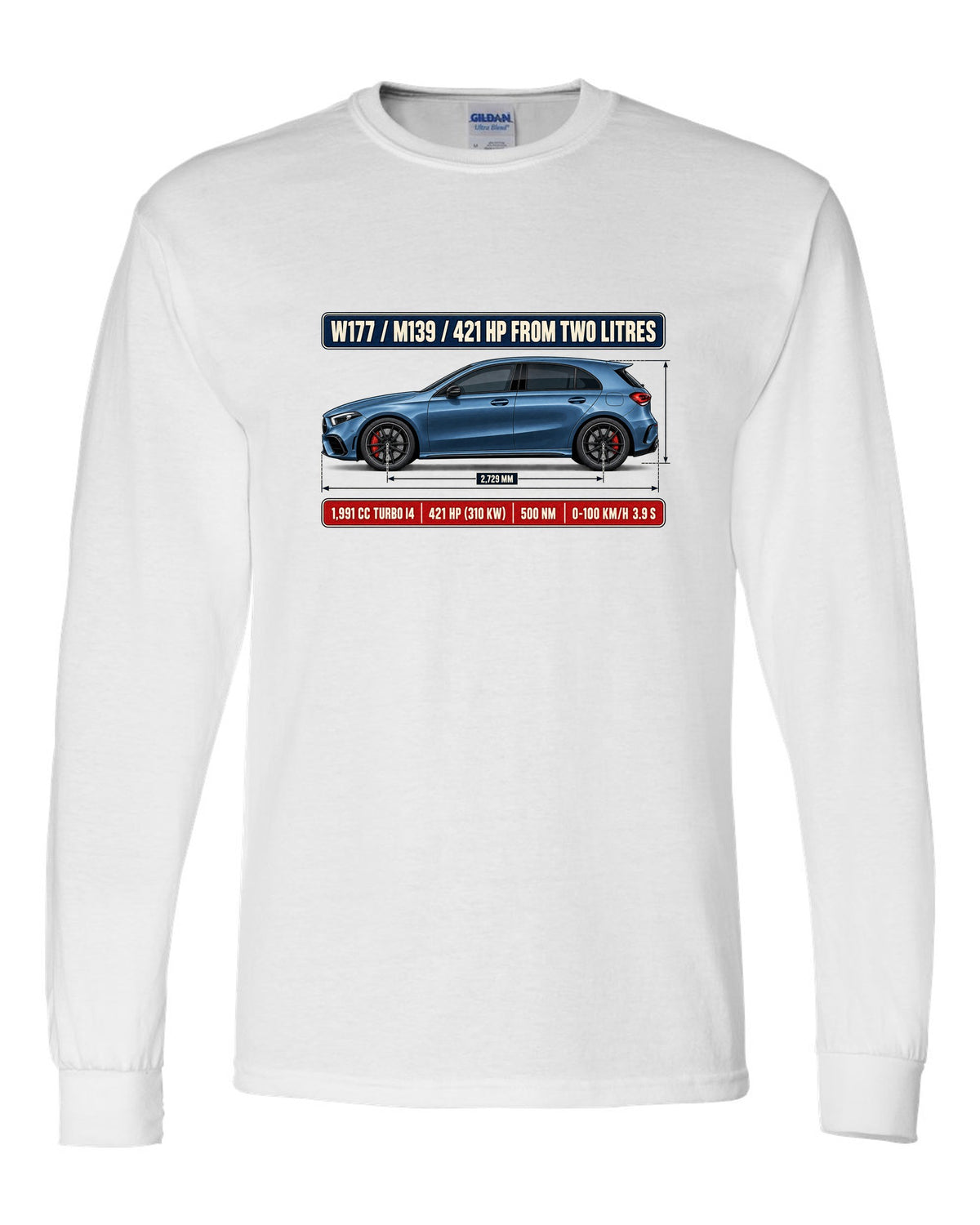 Mercedes-AMG A45 S W177 chback dimension blueprint print white long sleeve front view with the design