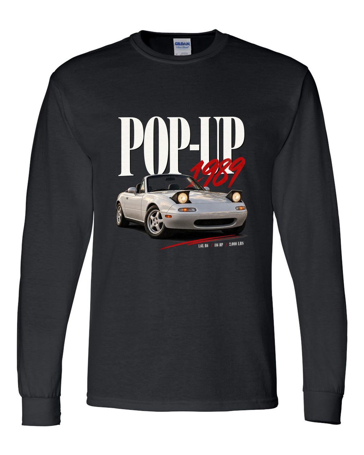 Editorial headline print for the Mazda MX-5 NA 1989-97 reading pop-up, 1989, 1.6L B6 black long sleeve front view with the design