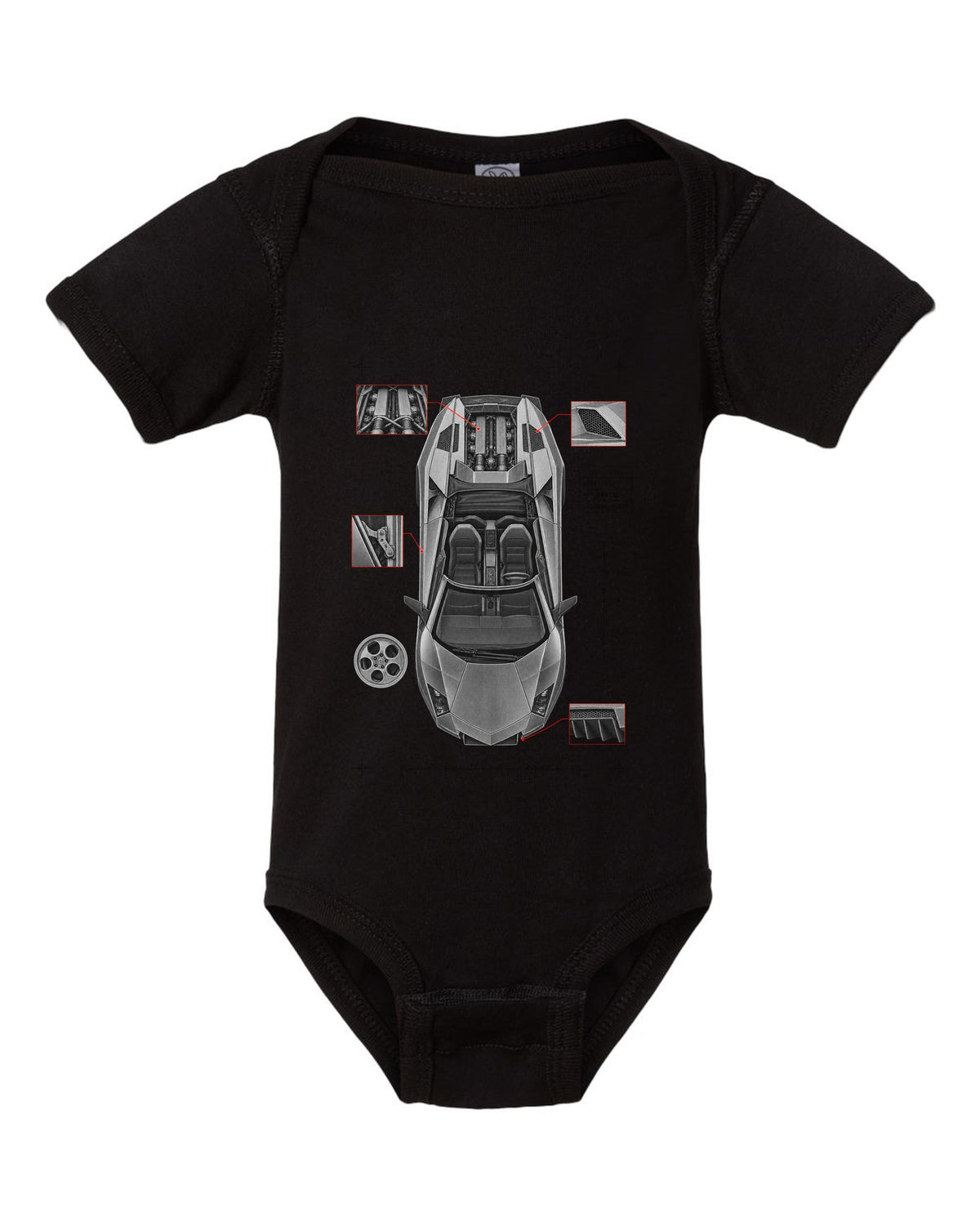 Spec poster print of a Lamborghini Murcielago LP640 Roadster with 4,099 built and scissor doors black baby onesie front view with the design