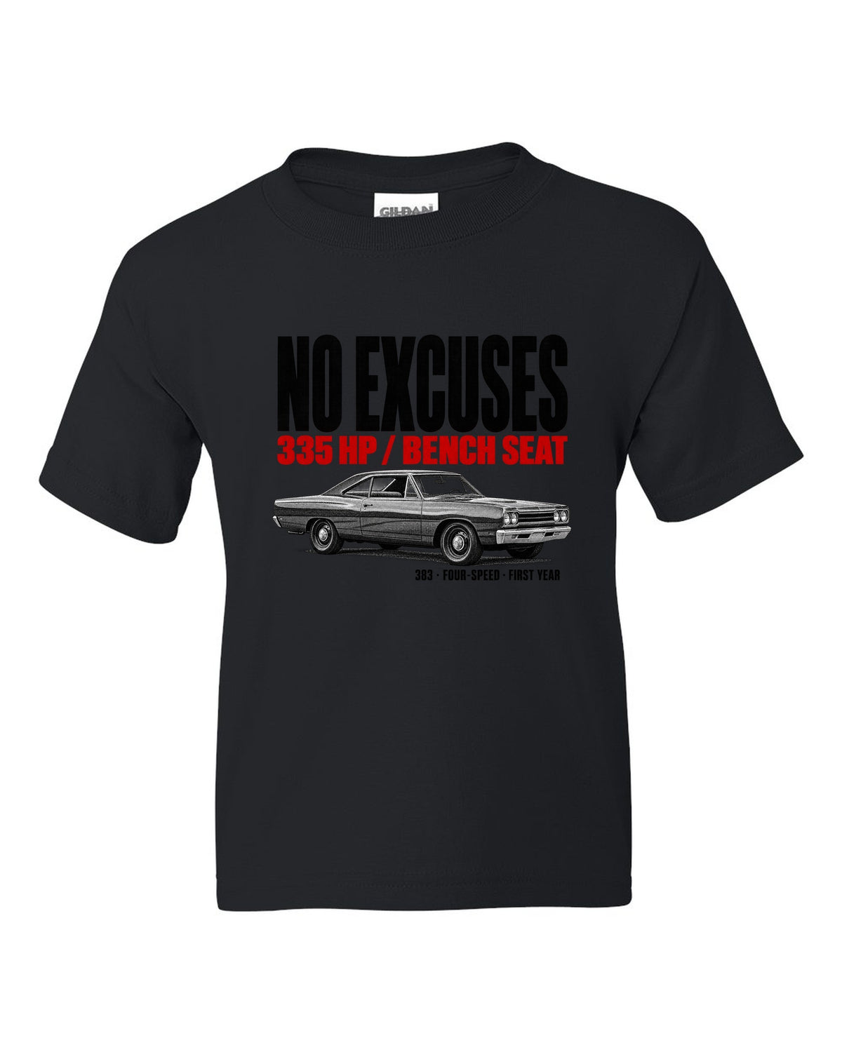 1968 Plymouth Road Runner B-body coupe profile halftone print with No Excuses lettering black kids tee front view with the design