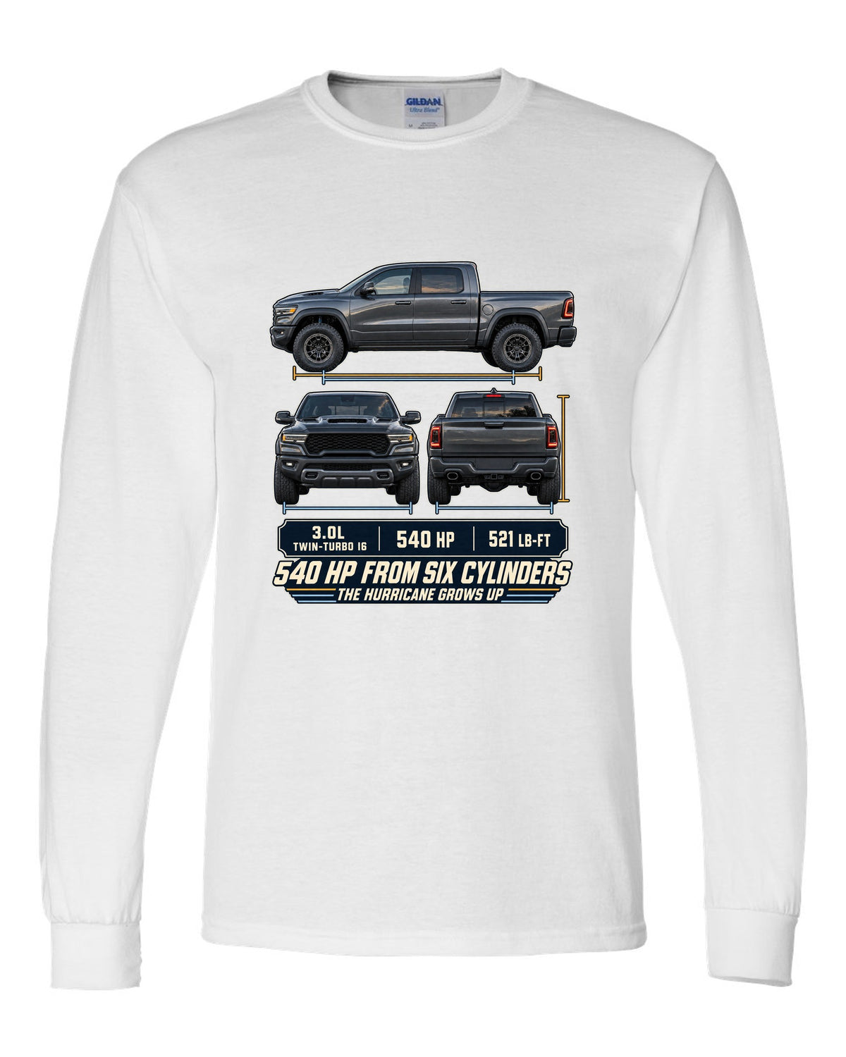 Ram 1500 RHO 2025 three-view drawing with spec table print white long sleeve front view with the design