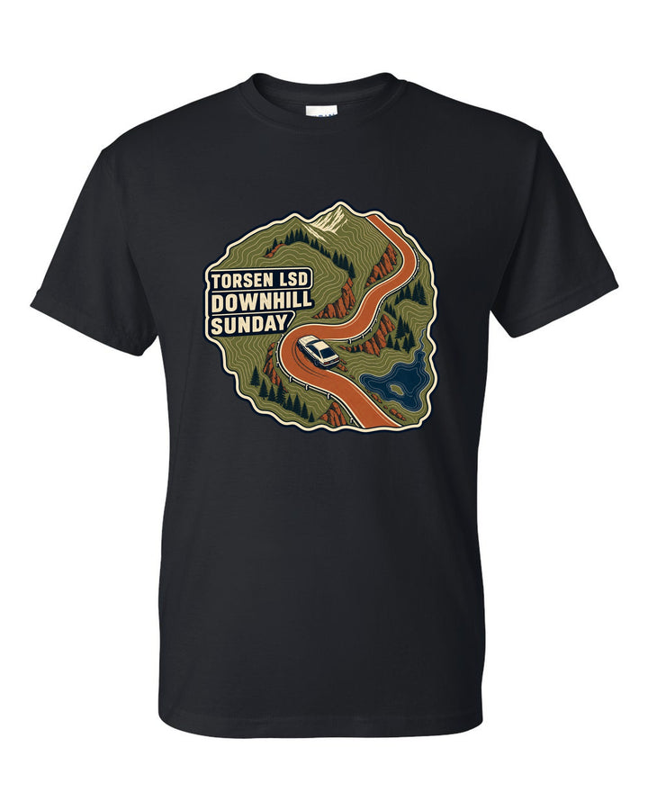 Topographic route map print for a Hyundai Genesis Coupe BK2 with Torsen LSD downhill Sunday text black t-shirt front view with the design