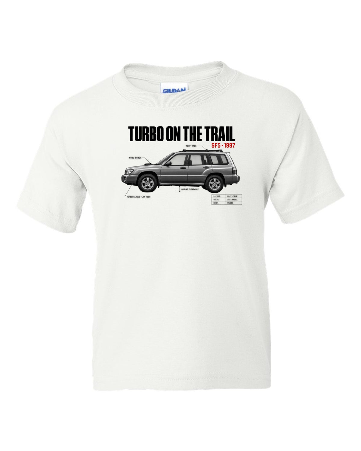 Spec poster print for the Subaru Forester SF5 reading Turbo on the Trail with hood scoop and roof rack details white kids tee front view with the design