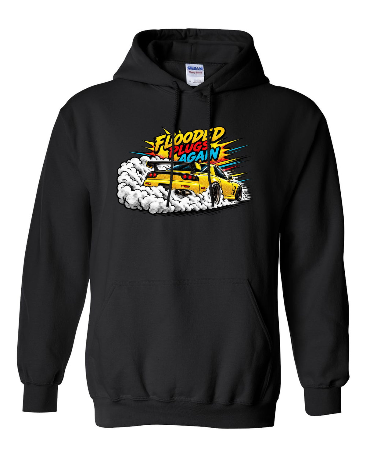 Comic halftone pop art print of a Mazda RX-7 FD3S with text Flooded, Plugs, Again black pull over hoodie front view with the design