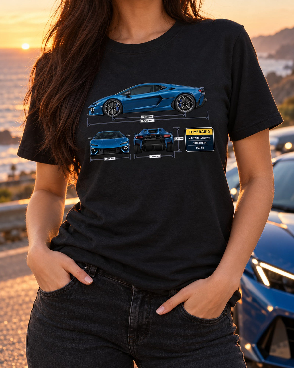 Lamborghini Temerario Three-View Spec Shirt, Twin-Turbo V8 T-Shirt Black worn hero