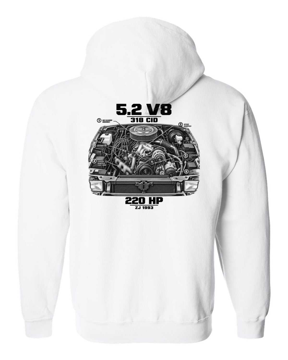 Jeep Grand Cherokee ZJ 5.2 V8 engine print with 318 CID text white zip hoodie back view with the design
