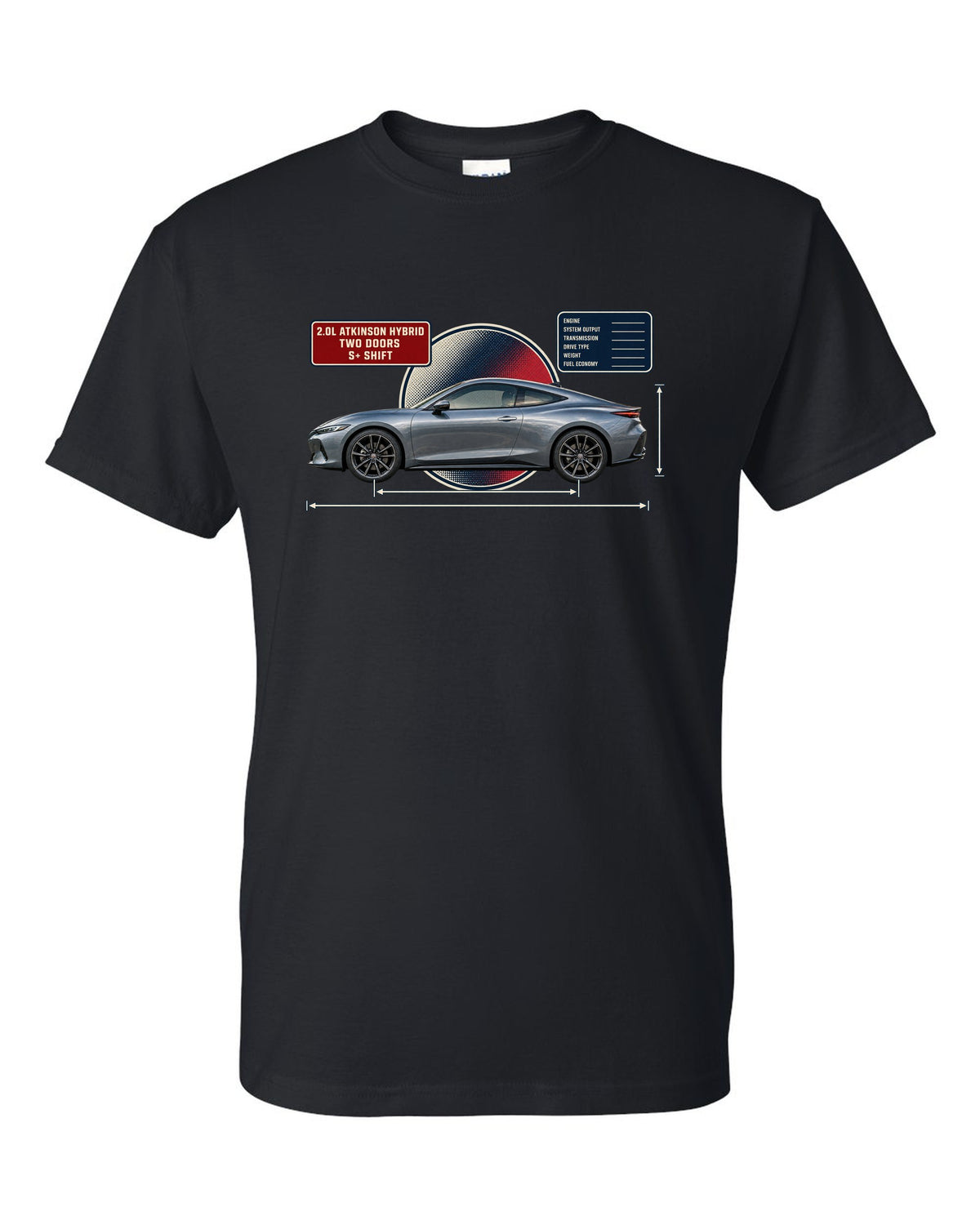Honda Prelude 2026 sixth-gen dimension blueprint print black t-shirt front view with the design