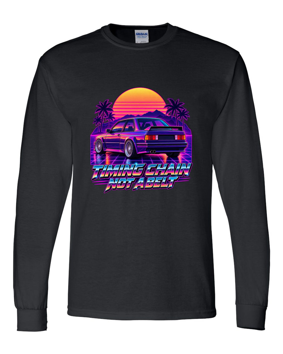 Synthwave outrun illustration of a BMW E30 M3 taillights at dusk with timing chain text black long sleeve front view with the design
