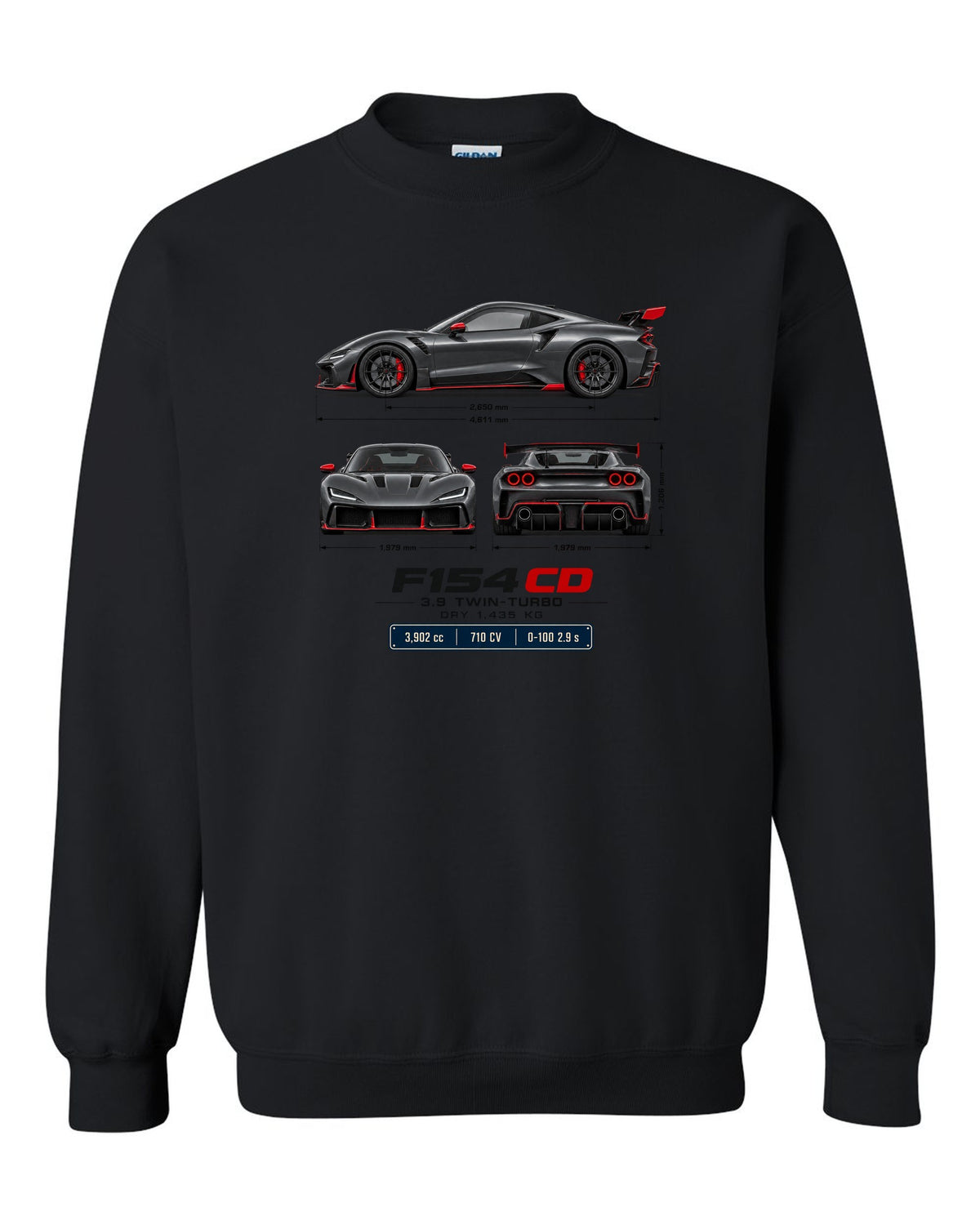 Ferrari F8 Tributo three-view spec table print with F154 CD engine code black crewneck front view with the design