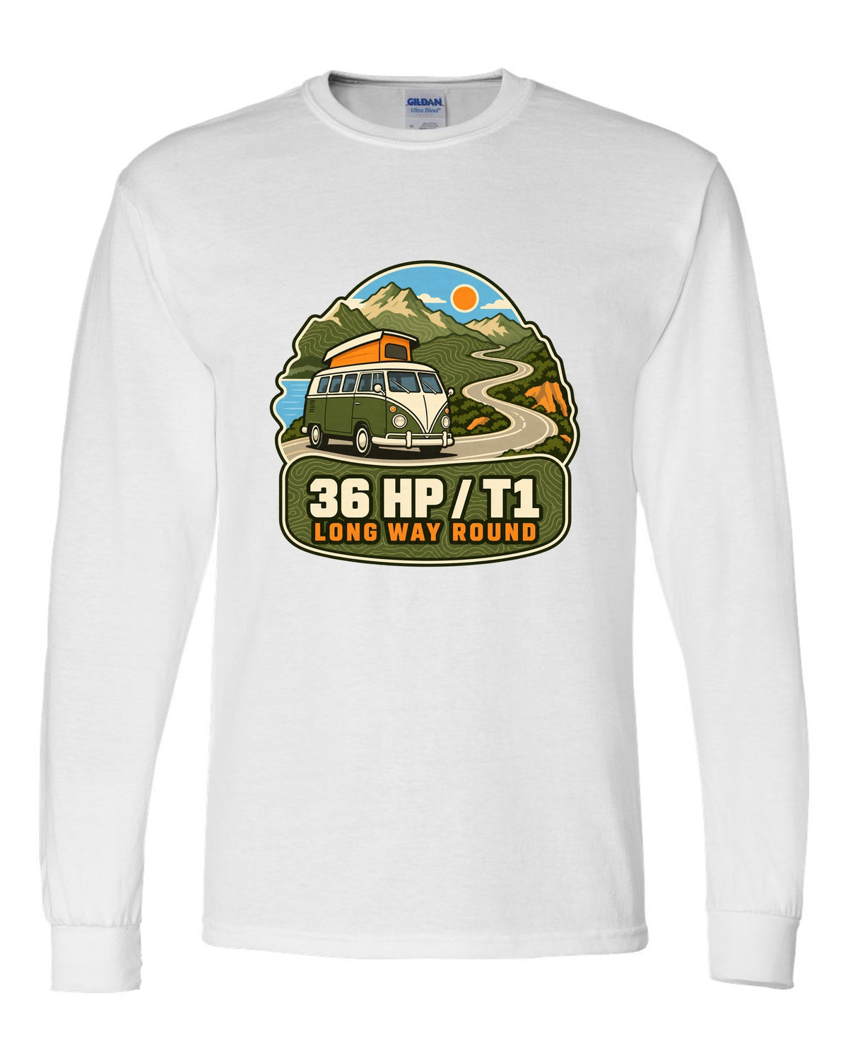 Topographic route map print of a 1962 VW Bus T1 split-window with 36 HP lettering white long sleeve front view with the design