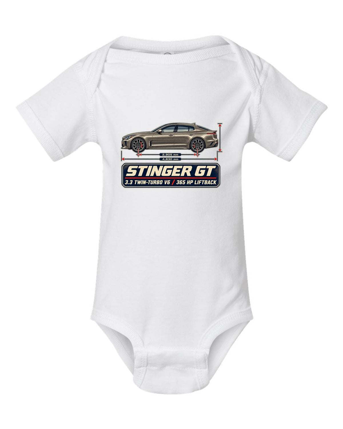 Kia Stinger GT dimension blueprint print on a shirt white baby onesie front view with the design