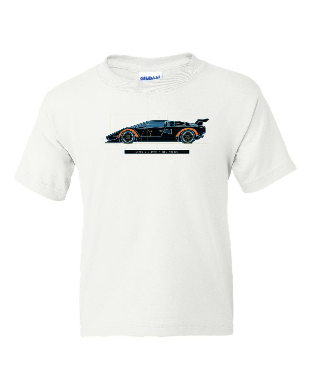 Blueprint patent line art of a Lamborghini Countach LP400 S 1978 with wide arches text white kids tee front view with the design