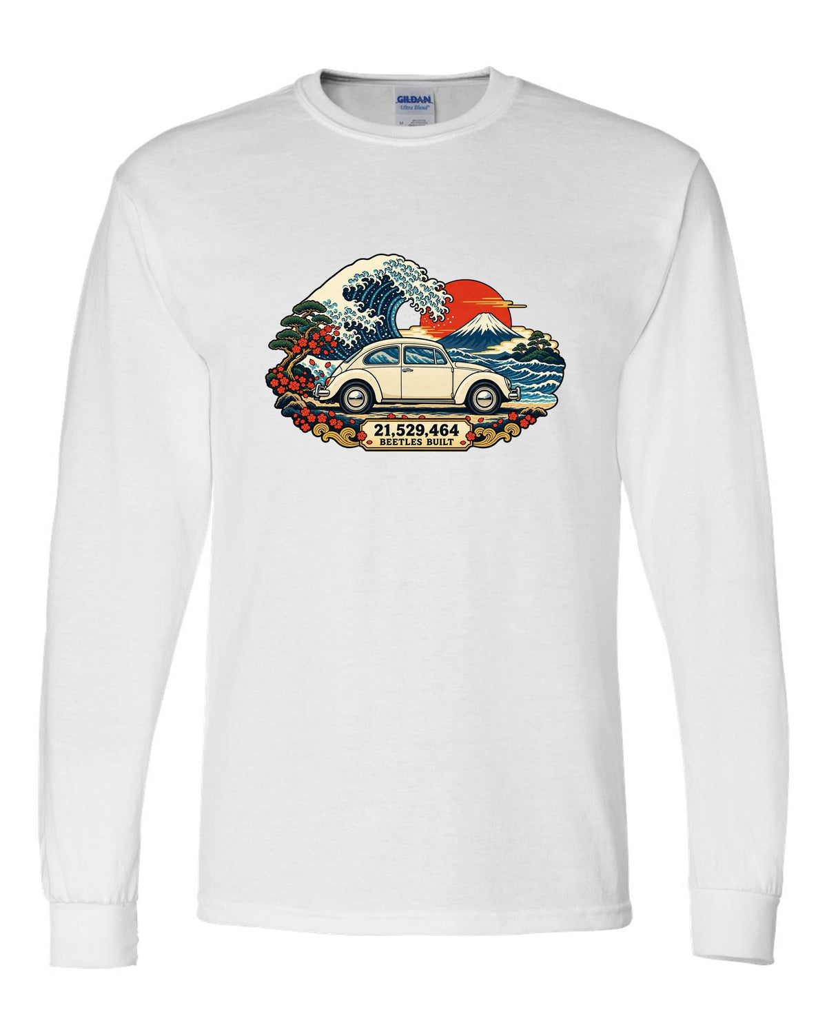 Ukiyo-e woodblock wave print of a VW Beetle Type 1 with 21,529,464 Beetles built text white long sleeve front view with the design