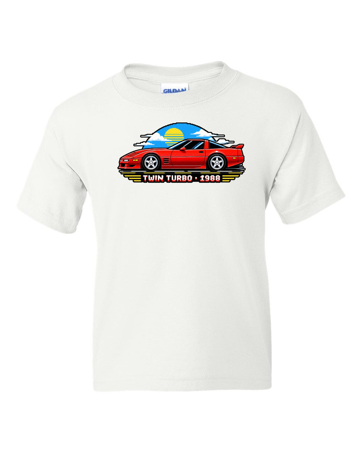 16-bit pixel art of a 1988 C4-based twin-turbo Corvette with pop-up headlights white kids tee front view with the design