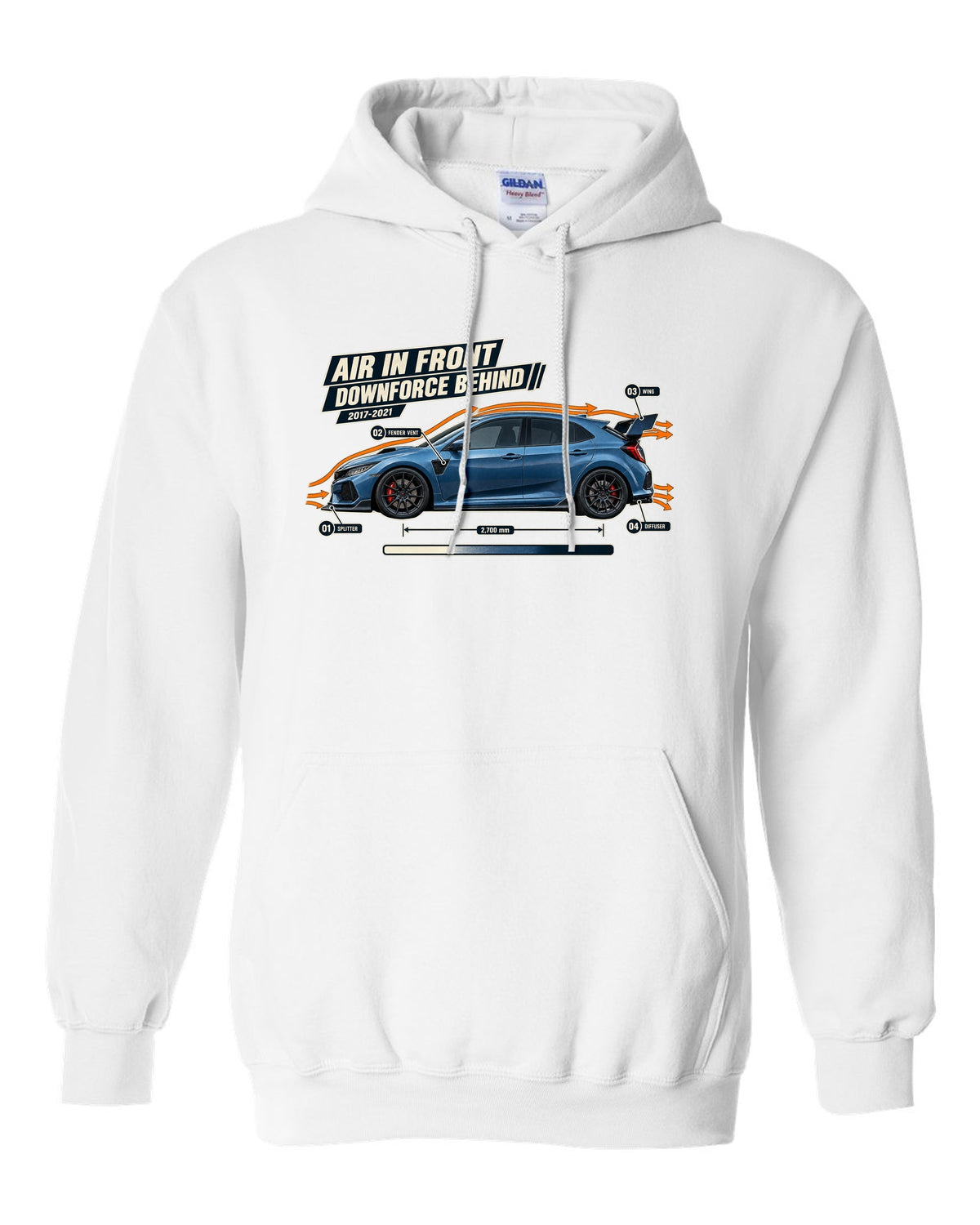 print aero callout drawing of a Boost Blue Honda Civic Type R FK8 white pull over hoodie front view with the design