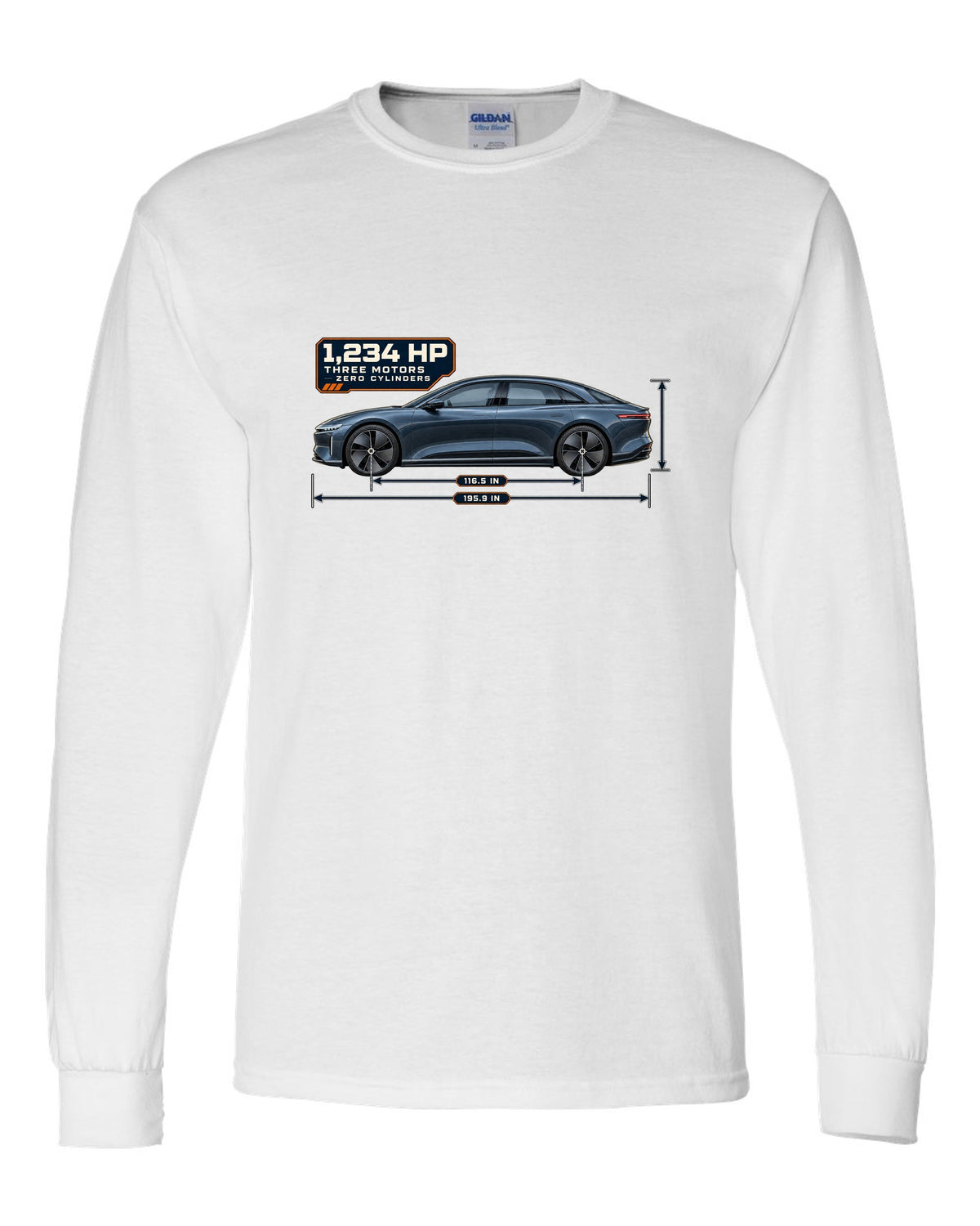 Dimension blueprint print of a Lucid Air Sapphire 2023 white long sleeve front view with the design