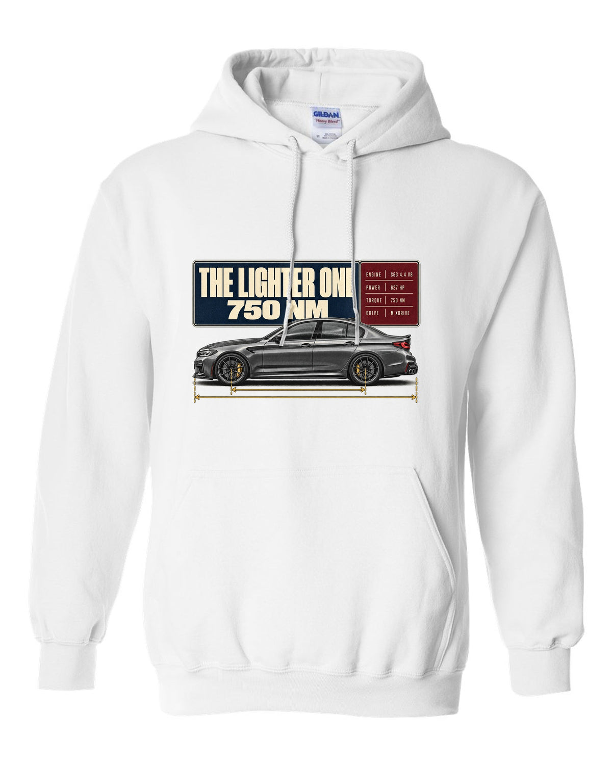 BMW M5 F90 CS spec poster print on a tee white pull over hoodie front view with the design