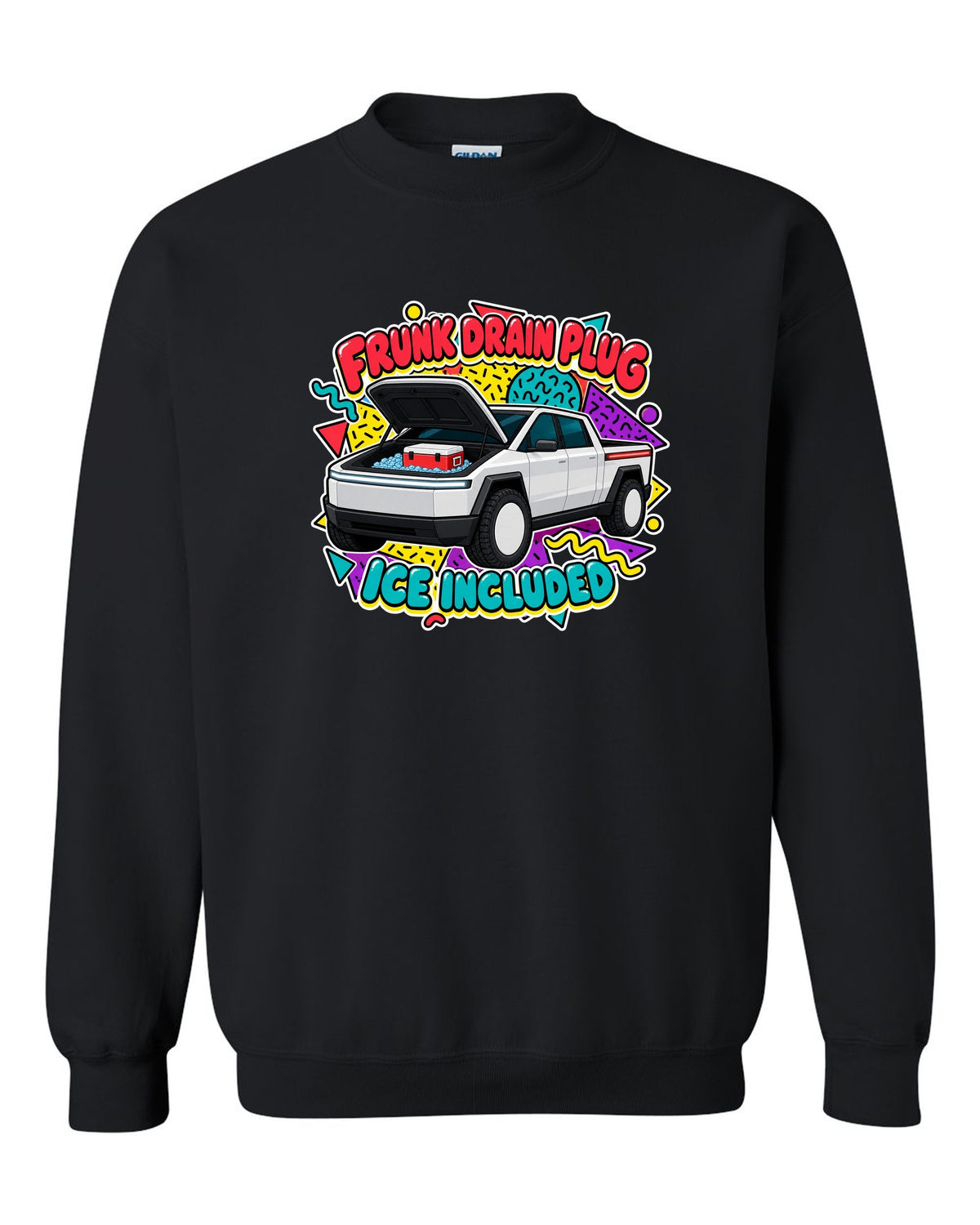 Ford F-150 Lightning retro sticker sheet print about the frunk drain plug and ice black crewneck front view with the design