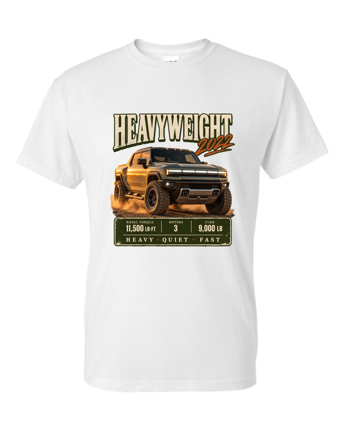 Full colour GMC Hummer EV 2022 three-quarter front archive panel design white t-shirt front view with the design
