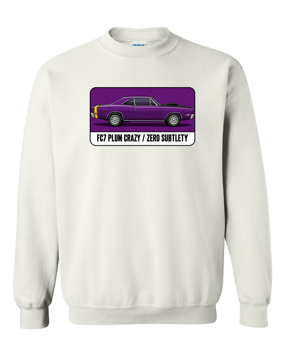 Pantone-style swatch print of a 1969 Dodge Coronet Super Bee in Plum Crazy white crewneck front view with the design