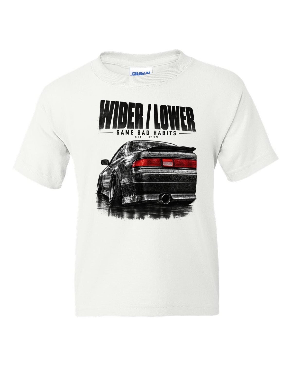 Close-up macro of a Nissan Silvia S14 zenki taillight with wider, lower, same bad habits lettering white kids tee front view with the design