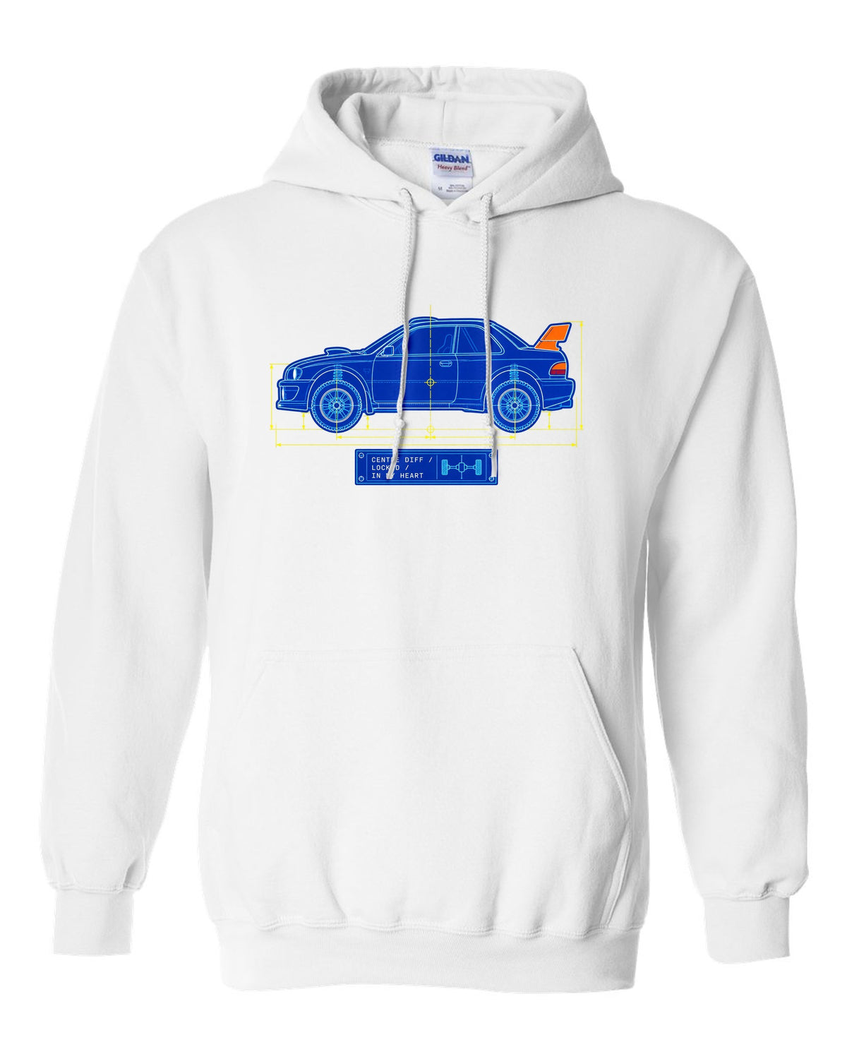 Blueprint line art of a Toyota Celica GT-Four ST185 with centre diff lettering white pull over hoodie front view with the design