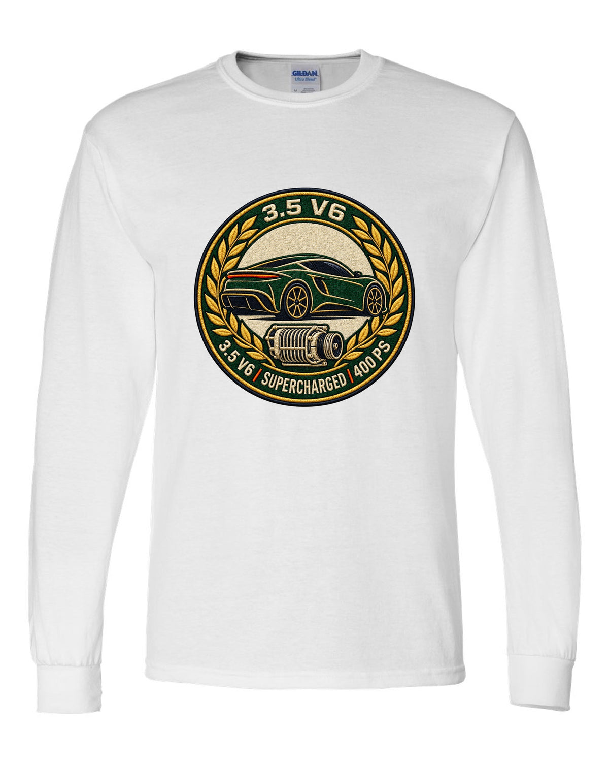 Lotus Emira varsity crest with 3.5 V6 SUPERCHARGED 400 PS lettering white long sleeve front view with the design