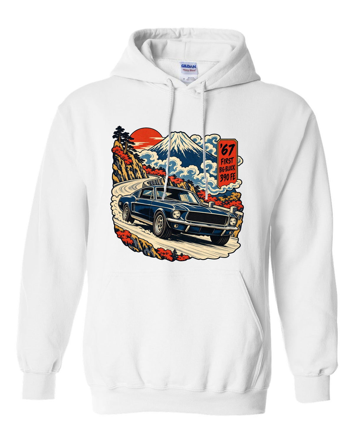Ukiyo-e woodblock print of a 1967 Ford Mustang fastback with 390 FE first big-block text white pull over hoodie front view with the design