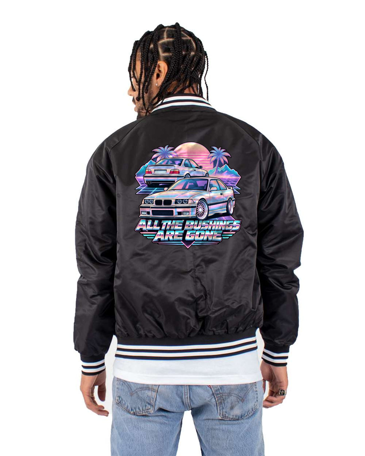 BMW E36 M3 Vaporwave Taillight Tee, Worn Bushings Joke Bomber Jacket Black back