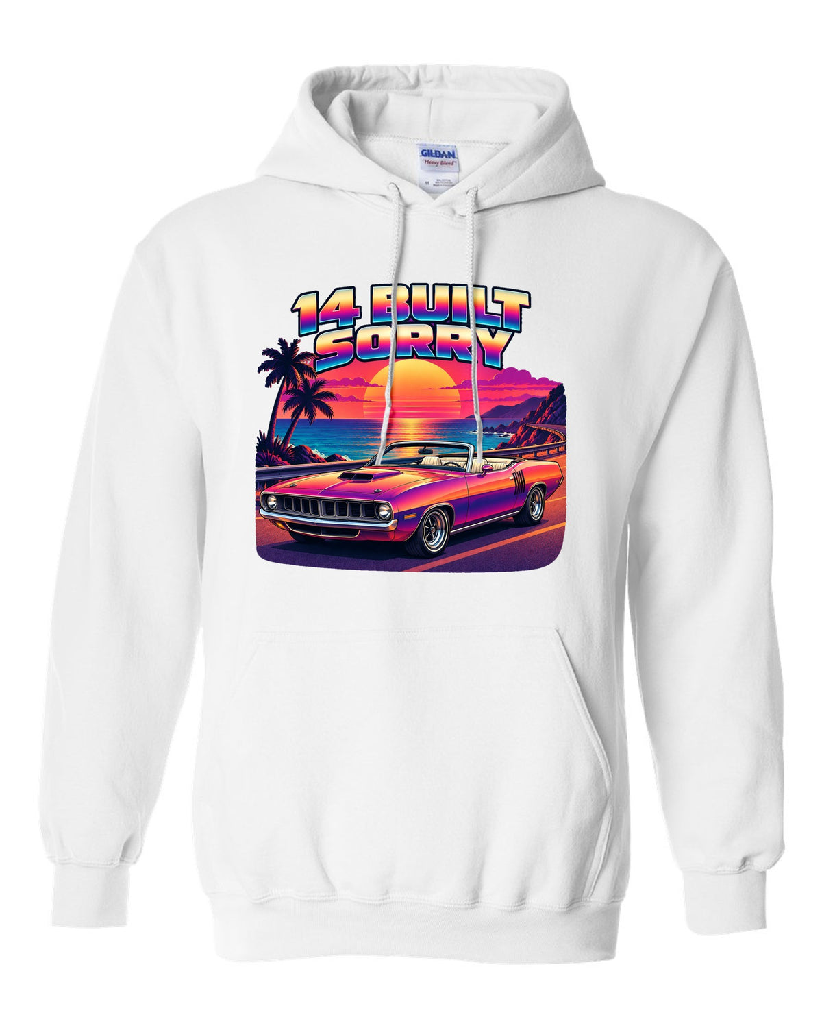 Sunset gradient synth vector print of a 1970 Plymouth Hemi 'Cuda convertible with 14 built text white pull over hoodie front view with the design
