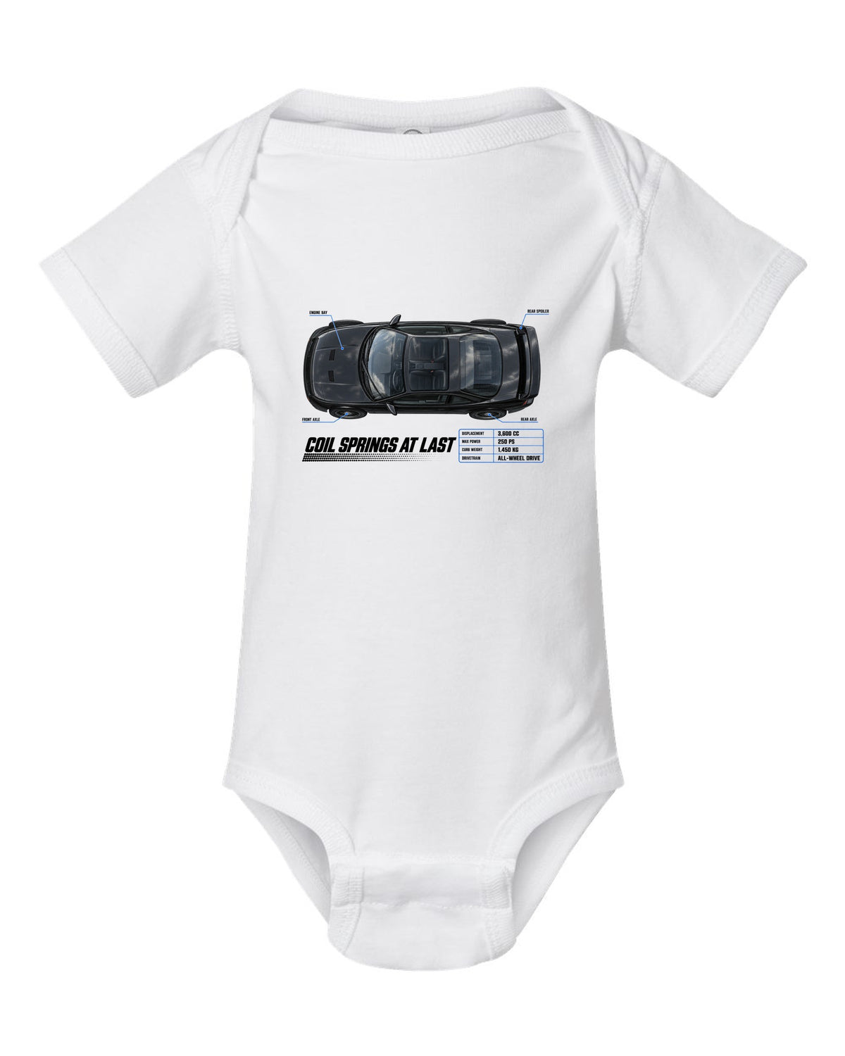 Top-down spec poster print of a Porsche 911 Carrera 4 (964) with the headline Coil Springs At Last white baby onesie front view with the design