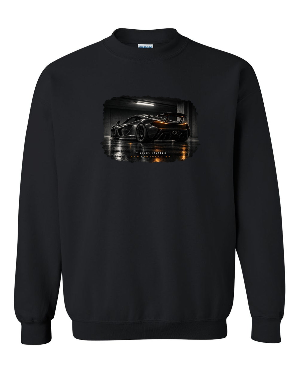 Garage night print of a 2015 McLaren 675LT with Longtail and 500 coupes text black crewneck front view with the design