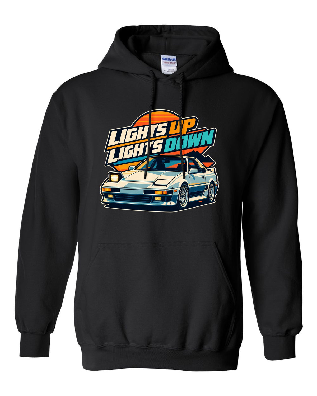 Pixel art of a Toyota AE86 Sprinter Trueno with pop-up headlights raised black pull over hoodie front view with the design