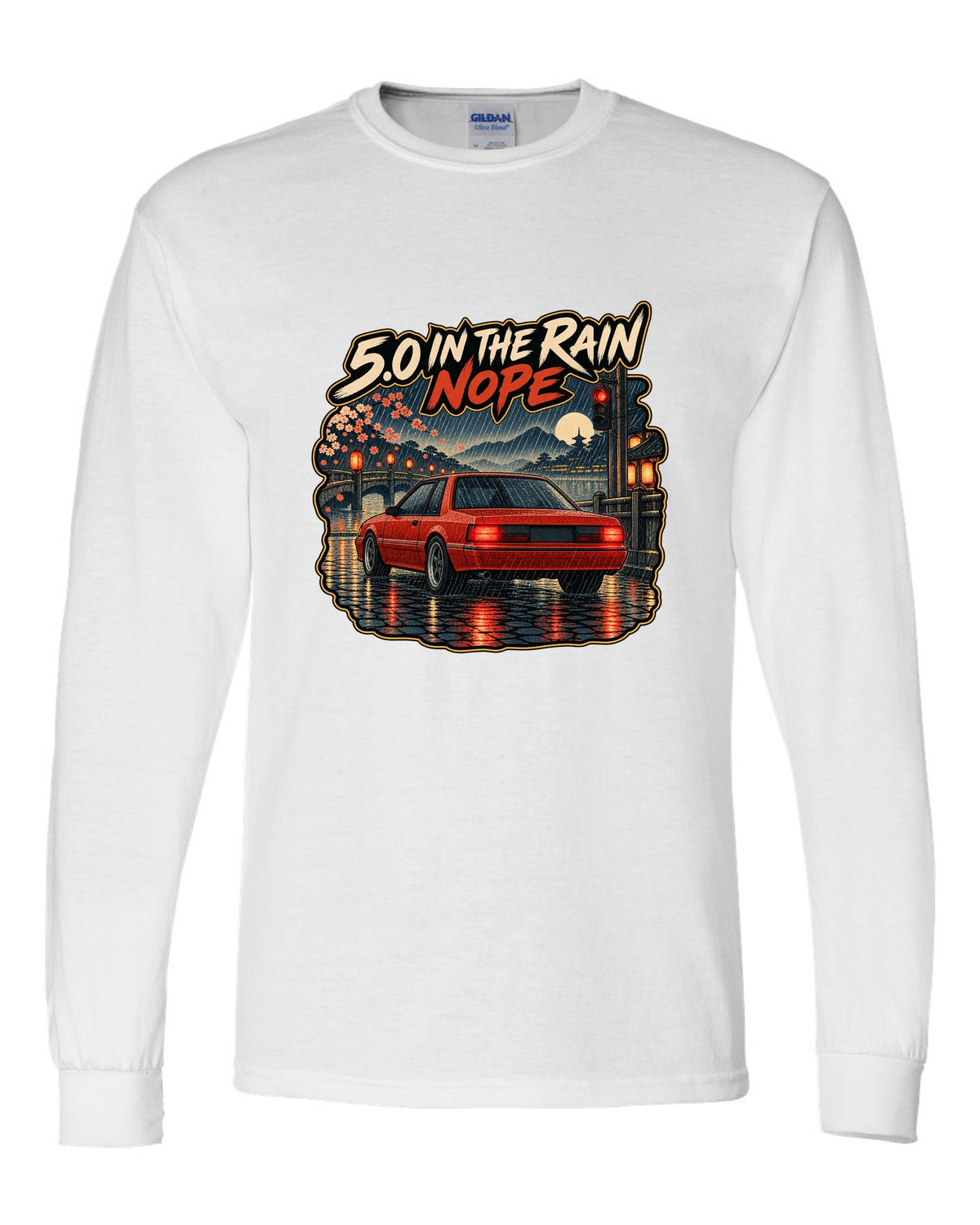 Woodblock style 1990 Ford Mustang Fox Body notchback in rain with 5.0 caption white long sleeve front view with the design
