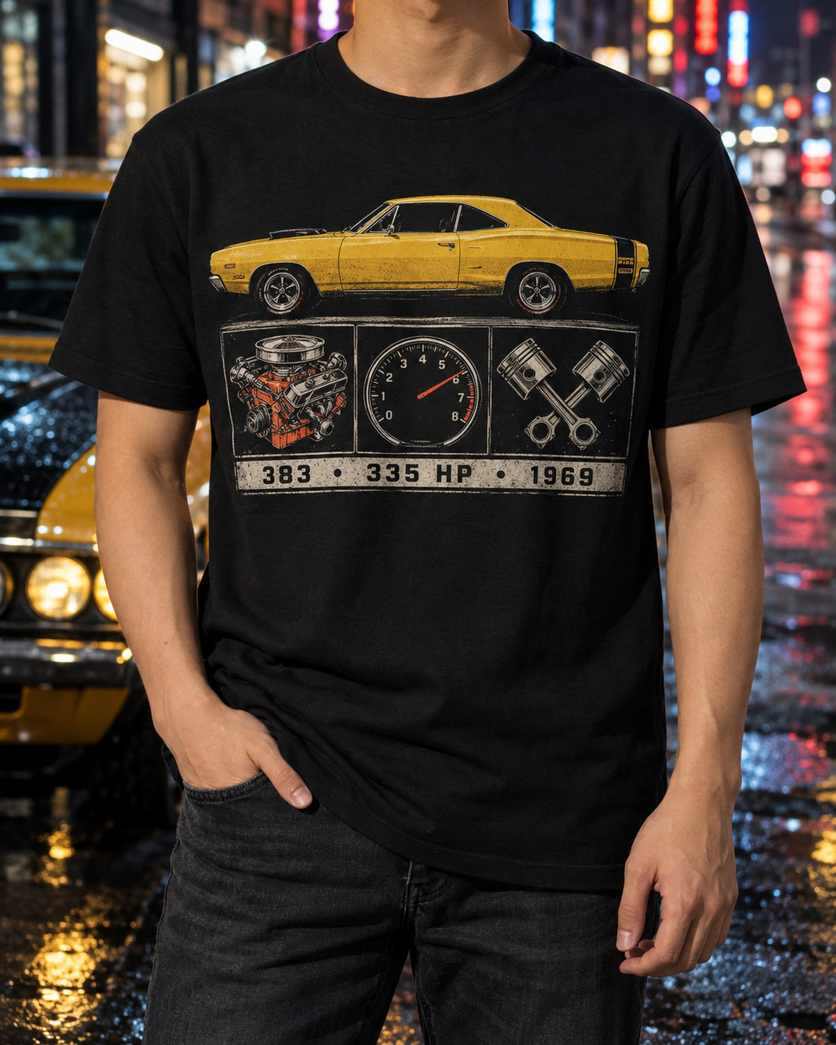1969 Coronet Super Bee Spec Plate Tee, 383 335 HP T-Shirt Black worn hero