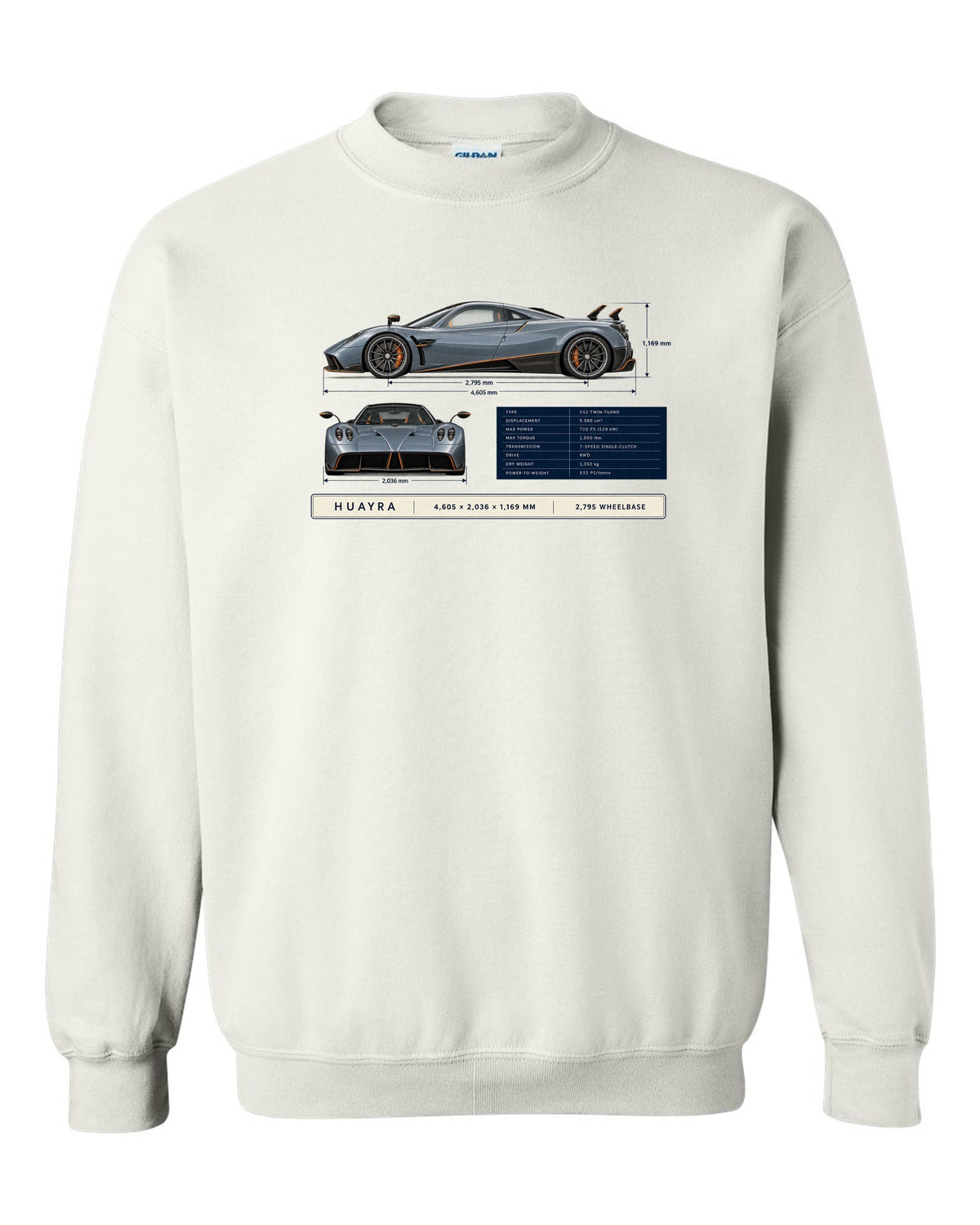 Dimension blueprint print of the Pagani Huayra coupe with 4,605 x 2,036 x 1,169 mm and 2,795 wheelbase white crewneck front view with the design