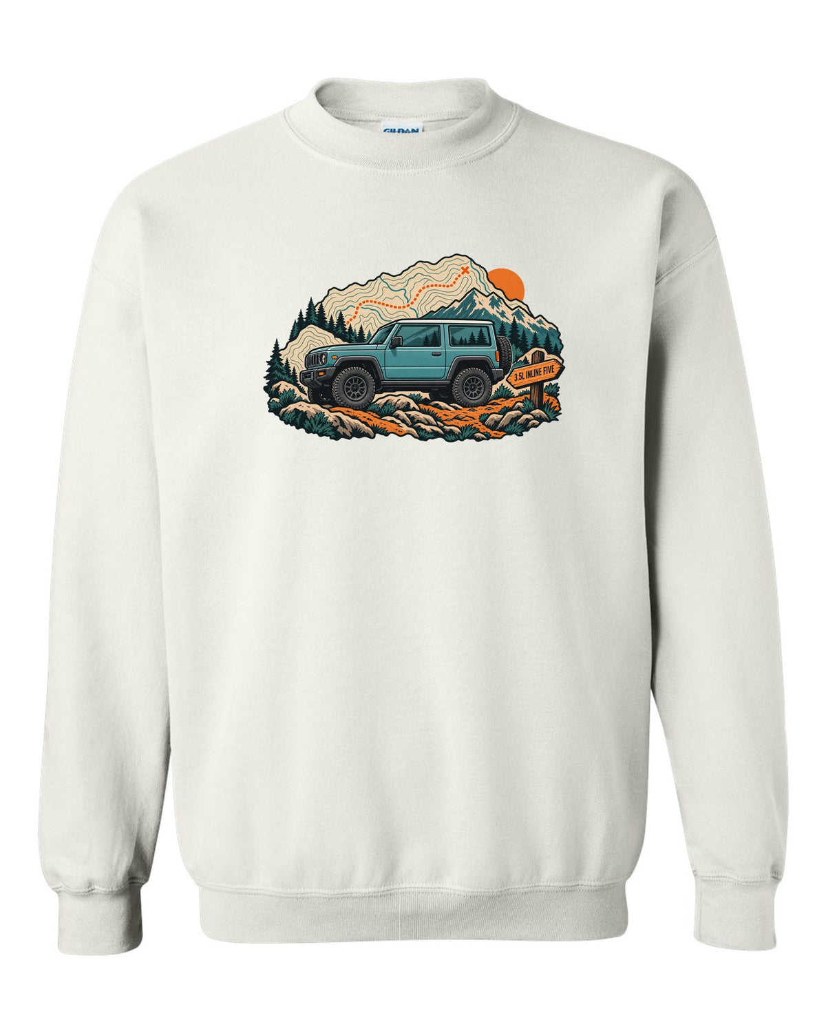 Topographic trail map print of a 2006-10 Hummer H3 with 3.5L inline five lettering white crewneck front view with the design
