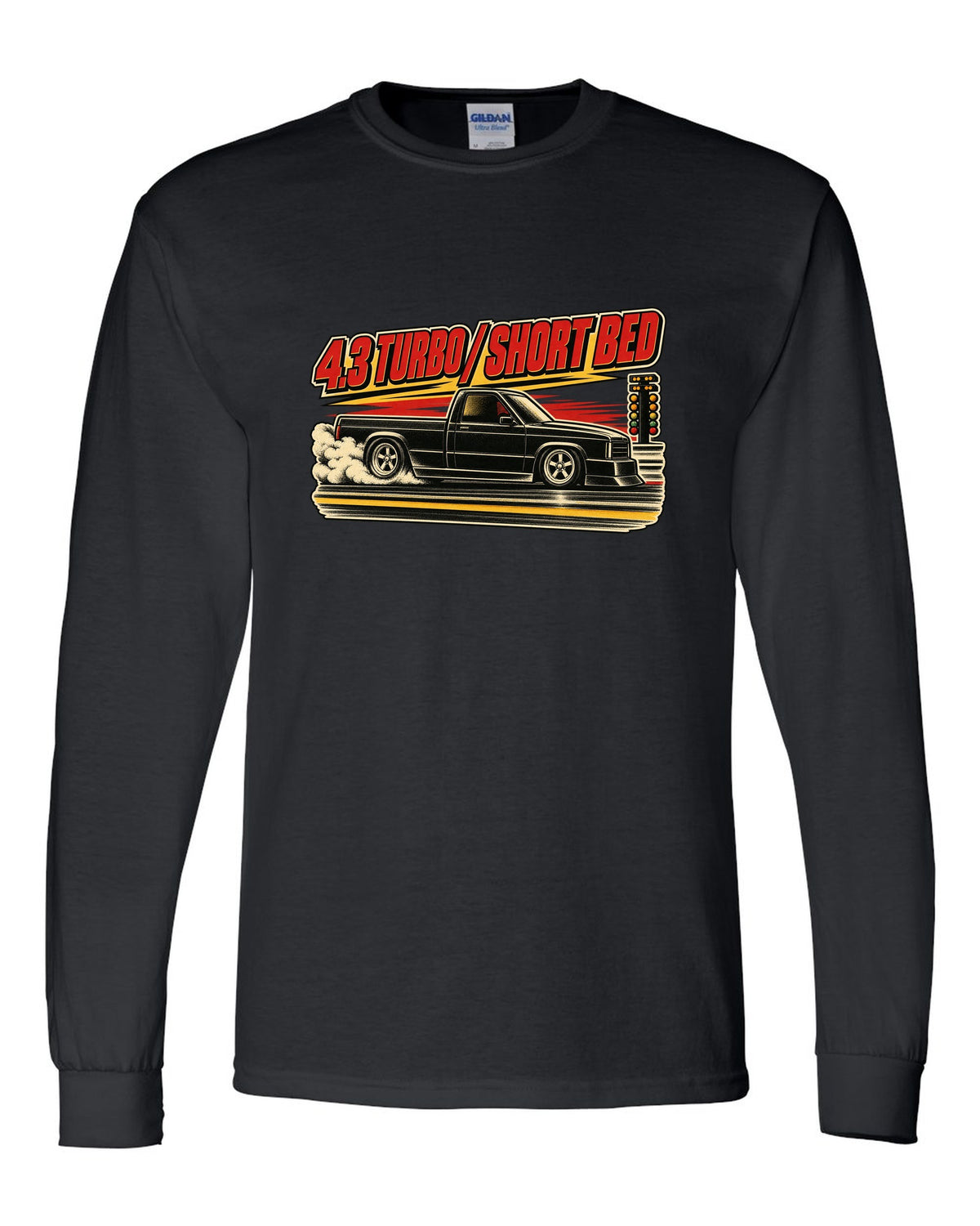 1960s lithograph drag race poster featuring a 1991 GMC Syclone with 4.3 TURBO / SHORT BED text black long sleeve front view with the design