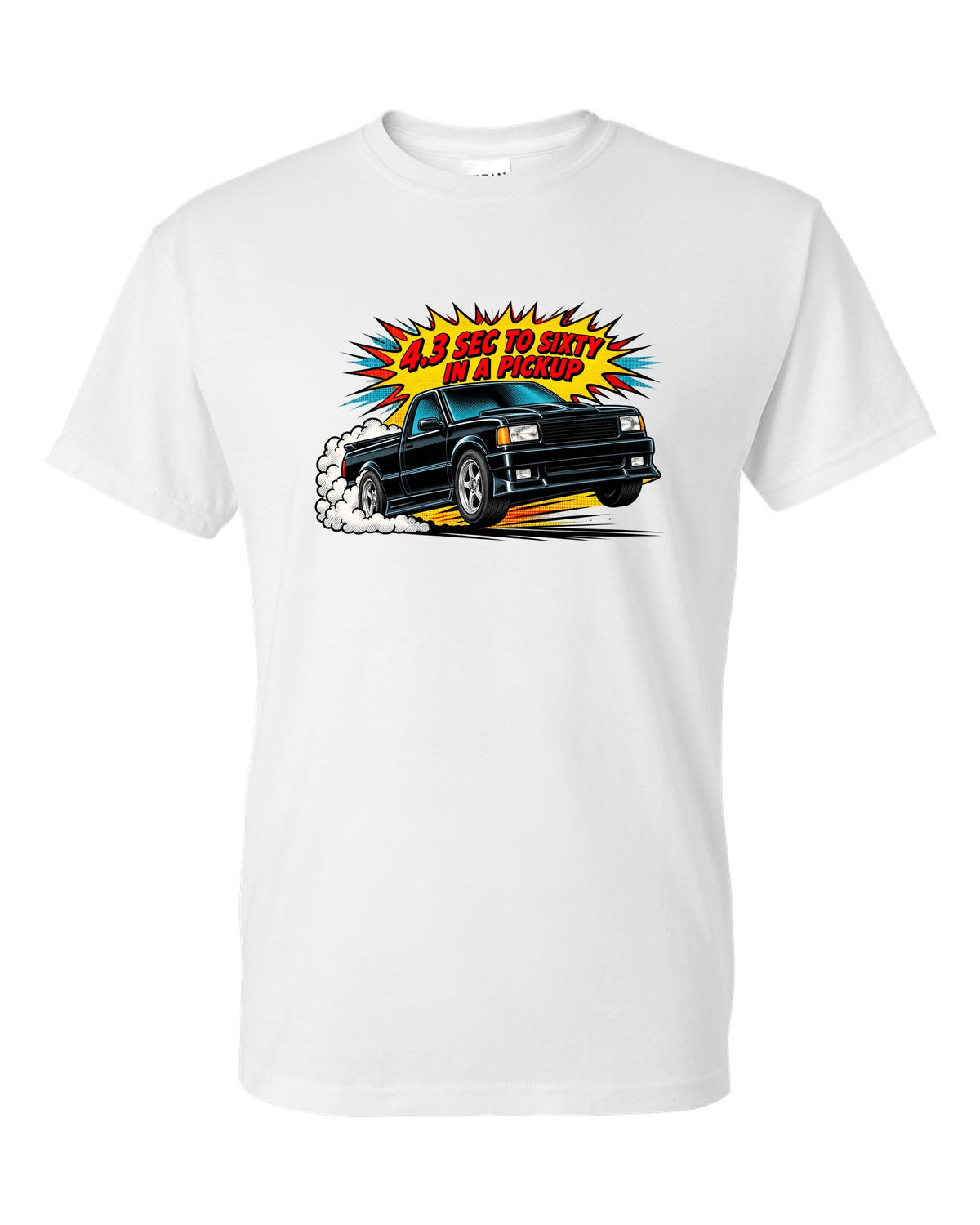 Comic halftone pop-art launch burst print of a 1991 GMC Syclone with 4.3 sec to sixty text white t-shirt front view with the design