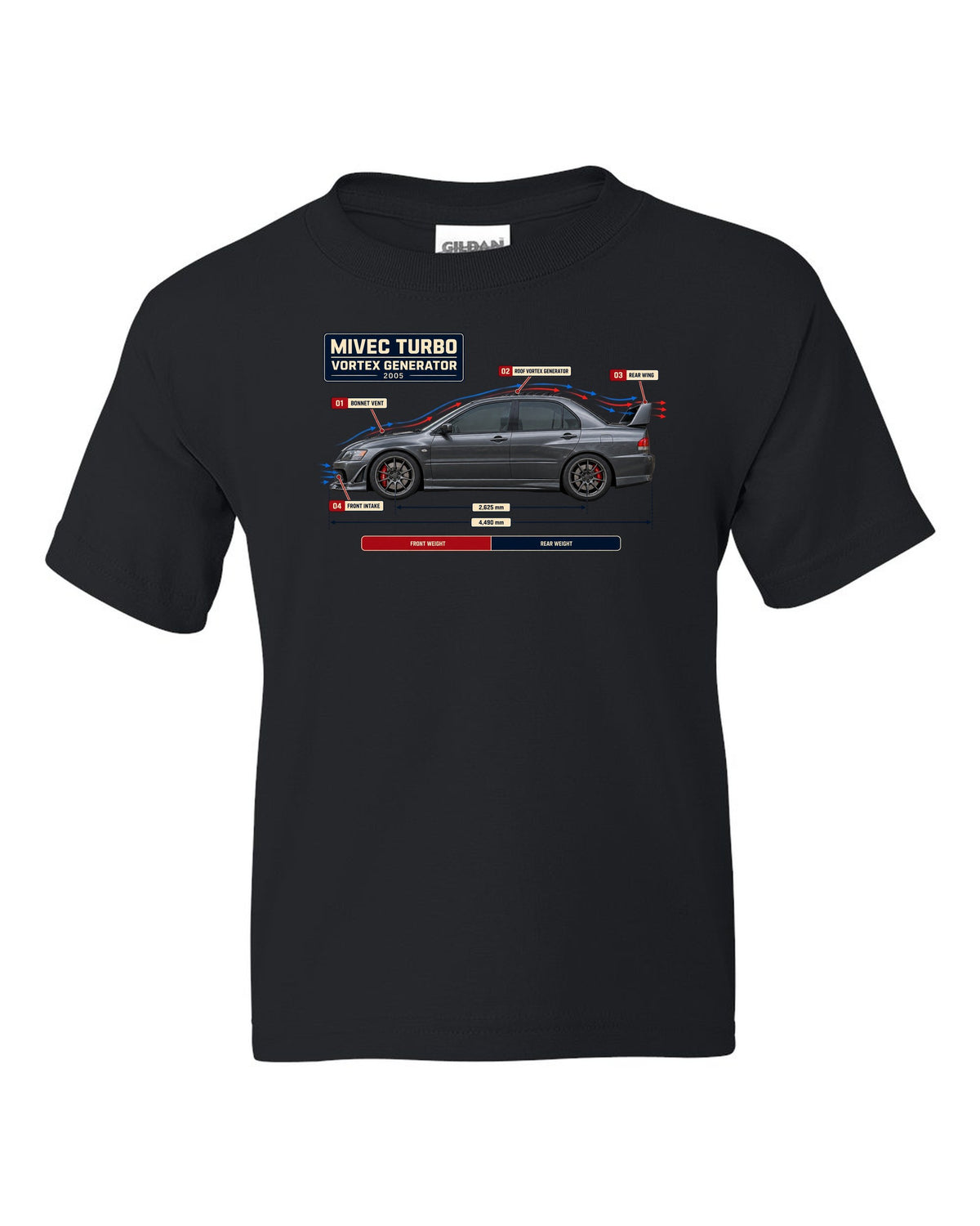 Lancer Evolution IX Aero Callout Diagram Tee, MIVEC Turbo black kids tee front view with the design