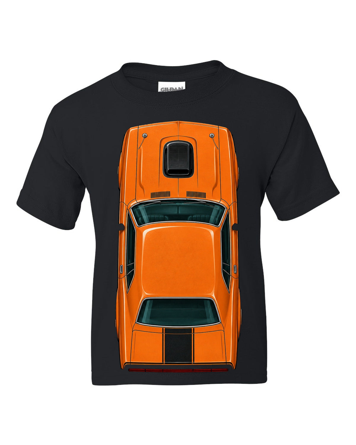 Overhead spec-sheet data plate illustration of a 1970 Dodge Challenger R/T in Go Mango black kids tee front view with the design