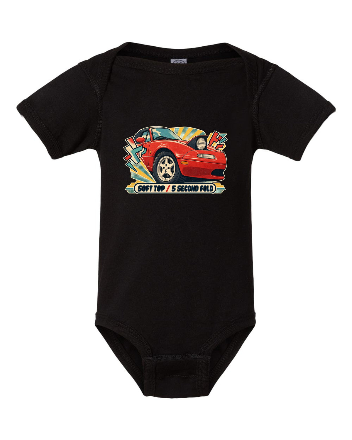 HUD style gauge cluster of a Mazda MX-5 NB with 7K redline text black baby onesie front view with the design