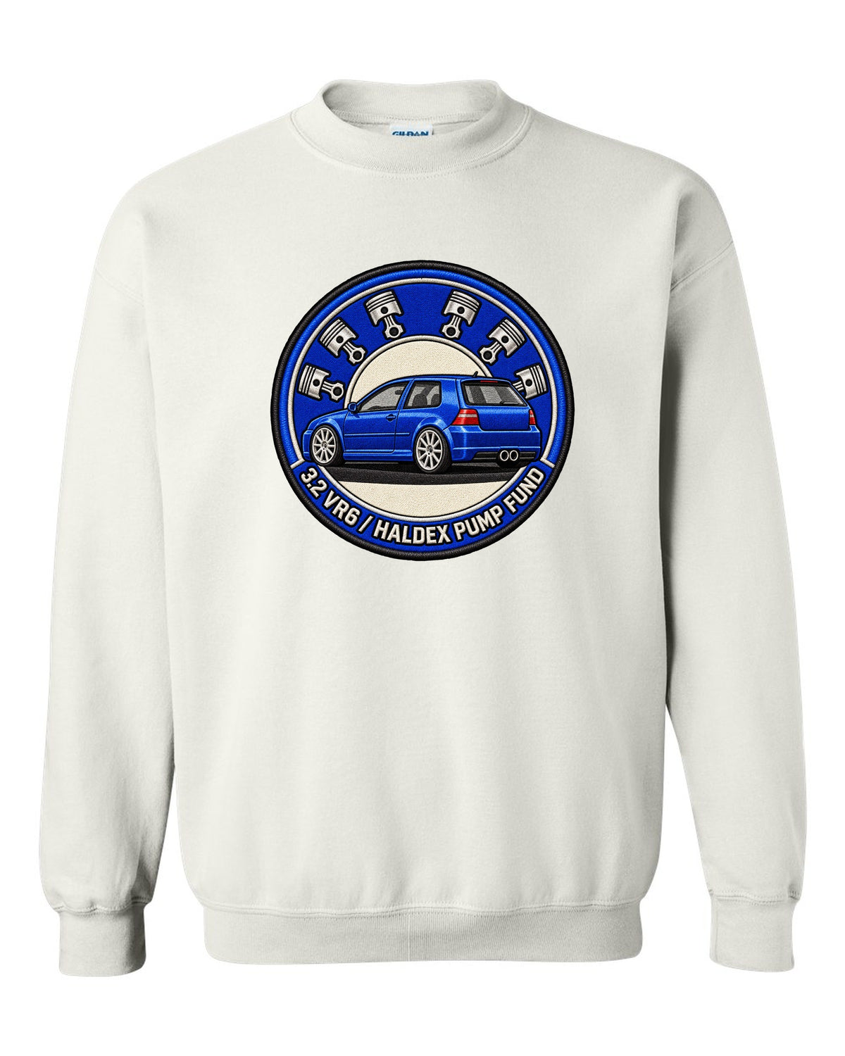 Varsity crest print for a VW Golf R32 Mk4 with 3.2 VR6 and Haldex pump fund lettering white crewneck front view with the design