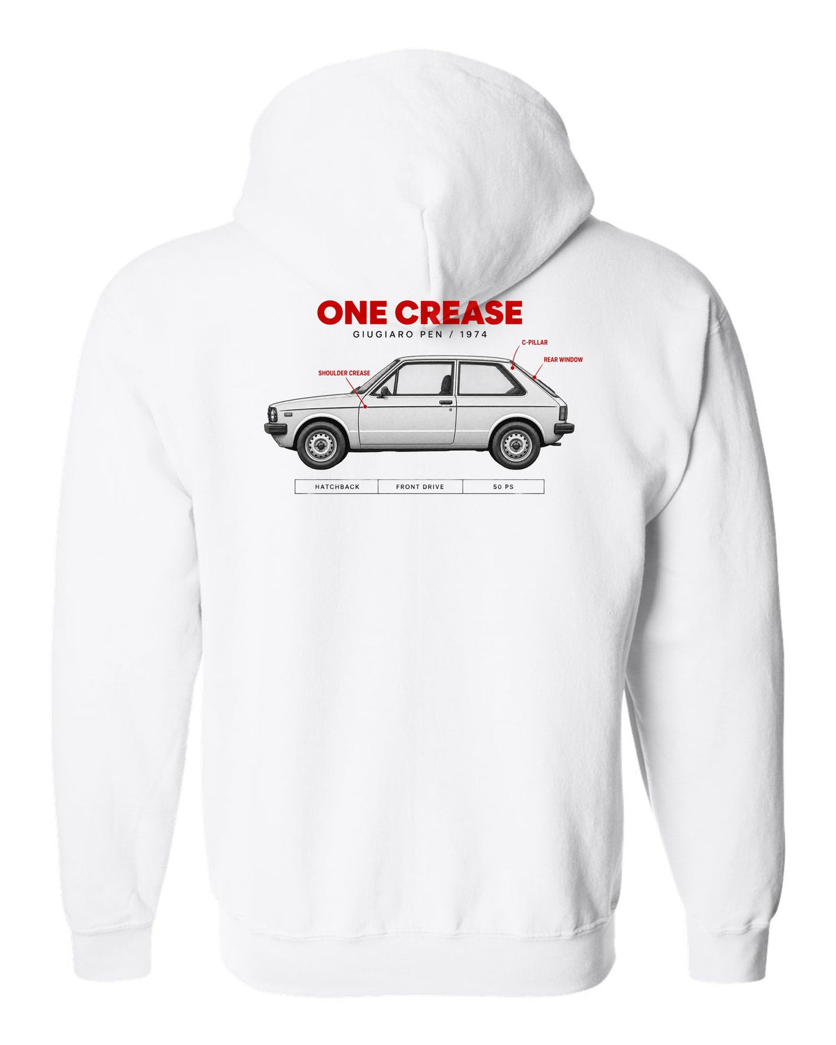 VW Golf Mk1 1974 Giugiaro Spec Poster print white zip hoodie back view with the design