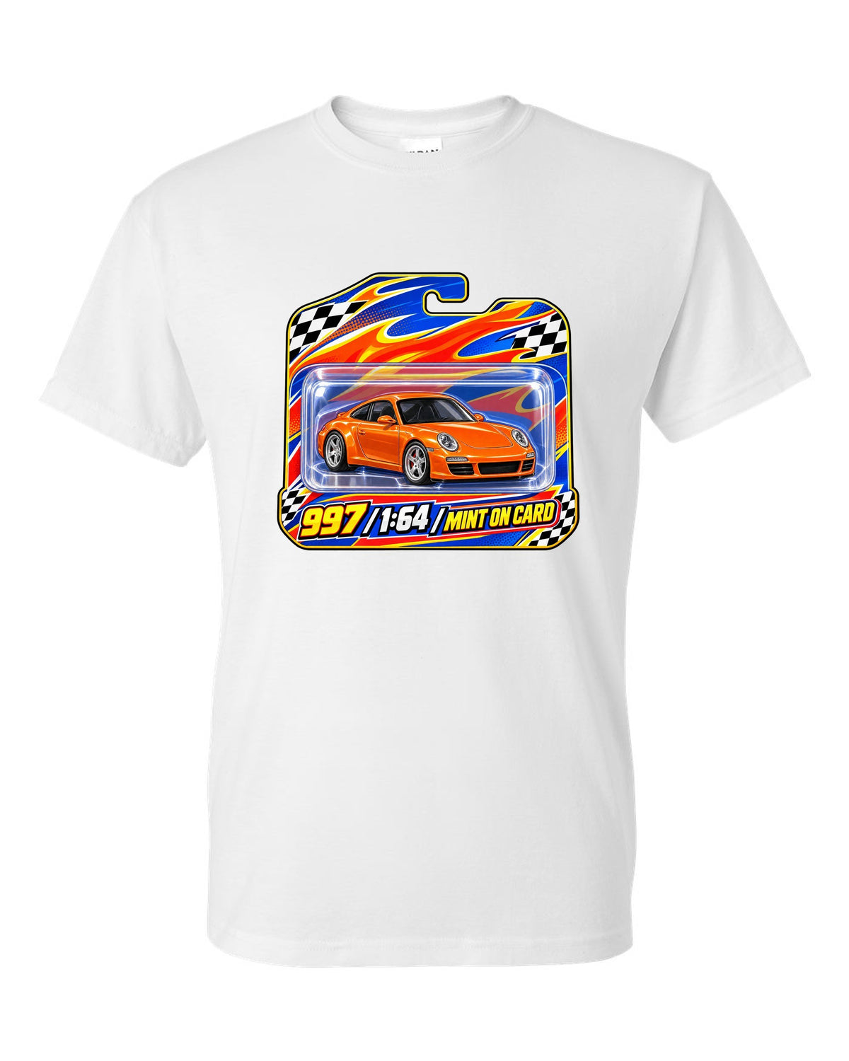 Sticker-bomb collage print of a Porsche 911 996 Carrera with the text 996 IMS never heard of it white t-shirt front view with the design